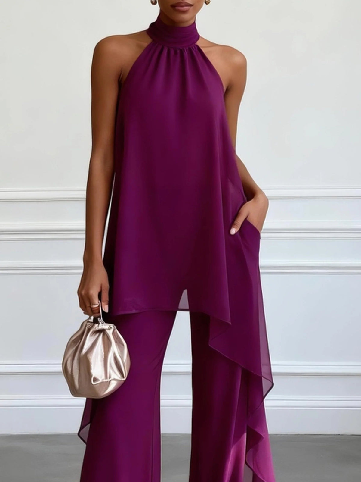Purple Halter Sleeveless Elegant Top With Trousers Two-Piece Set