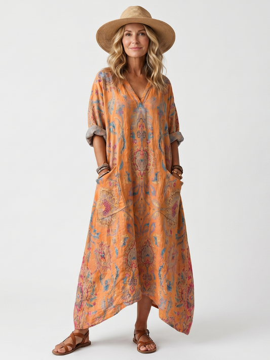 Remi | Printed Oversized Midi Dress with Notch Neck and Pockets