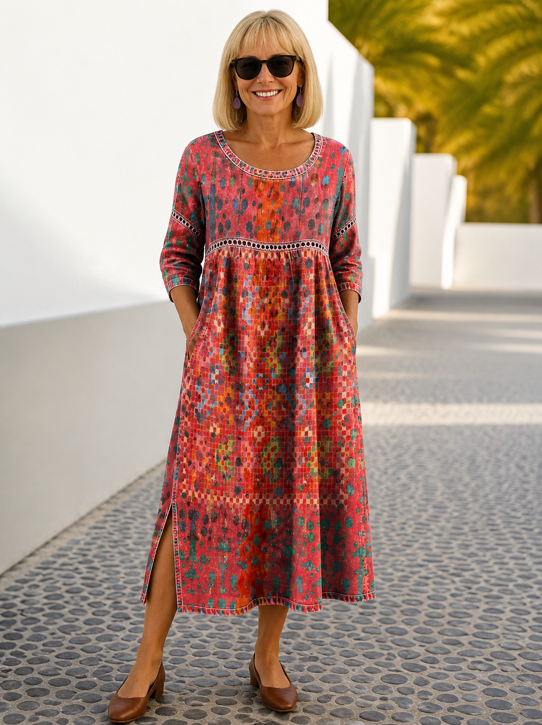 Gracie Printed Midi Dress in Red