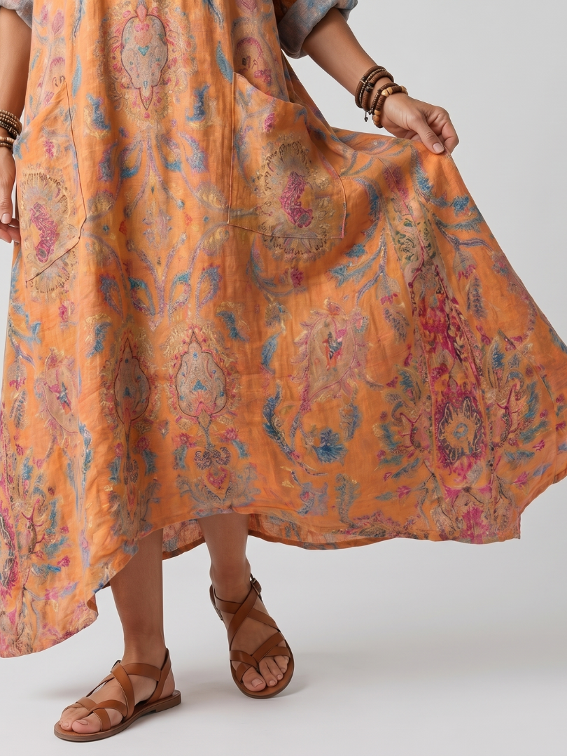 Remi | Printed Oversized Midi Dress with Notch Neck and Pockets