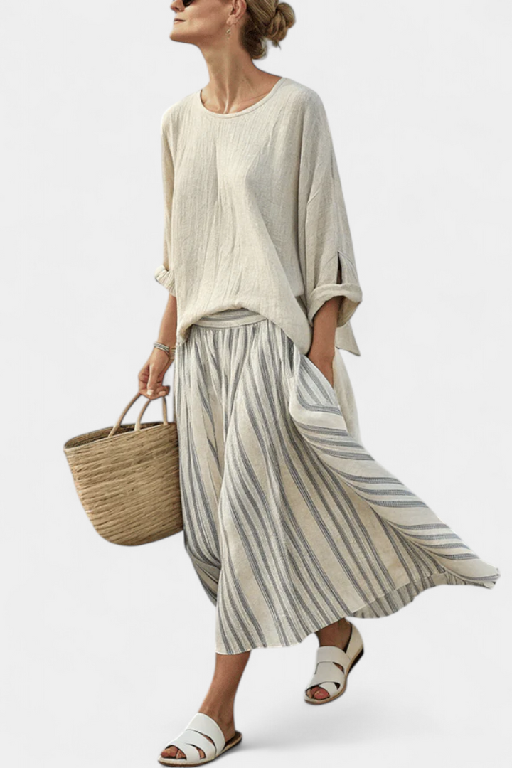 Manon | Blusa Suelta y Falda Midi Rayada