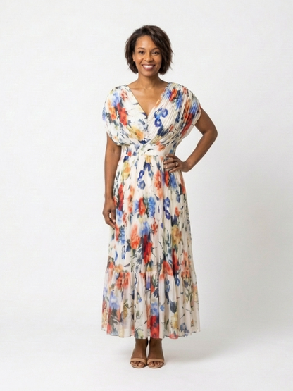 Savannah | Short Sleeve Pleated Floral Midi Dress