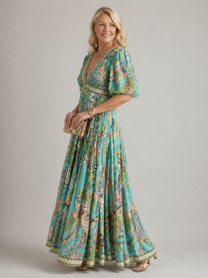 Elise | Airy maxi dress with puff sleeves and V-neck