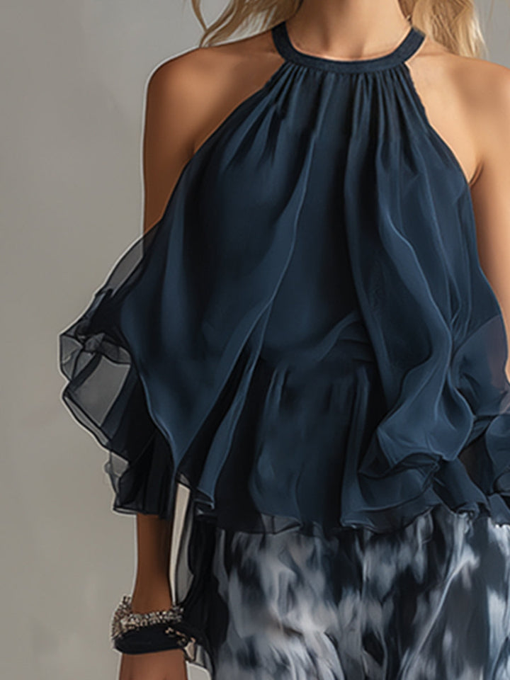 Ludovica – Conjunto elegante de gasa con top de cuello alto y pantalones anchos estampados