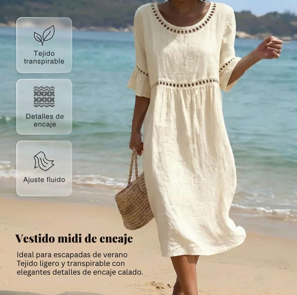 Pryline | Vestido midi de lino con encaje calado y mangas con volantes