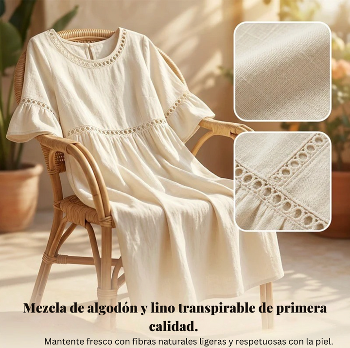 Pryline | Vestido midi de lino con encaje calado y mangas con volantes