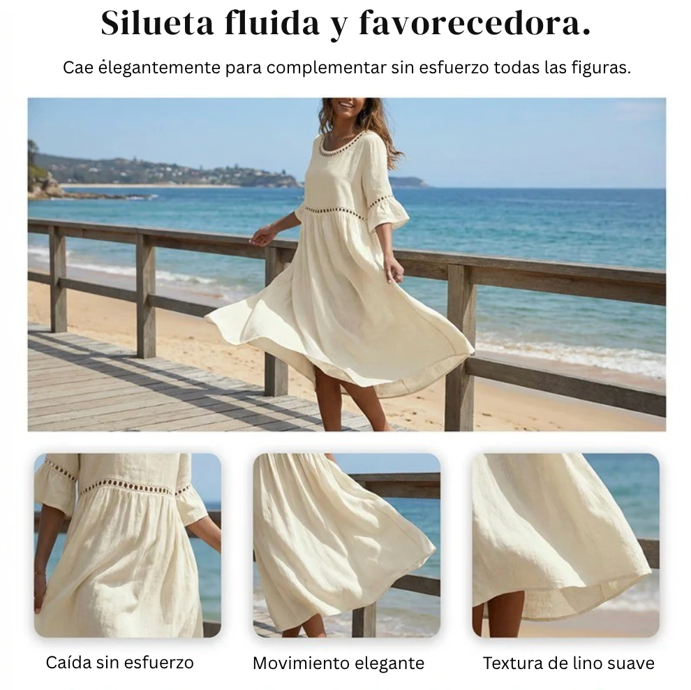 Pryline | Vestido midi de lino con encaje calado y mangas con volantes