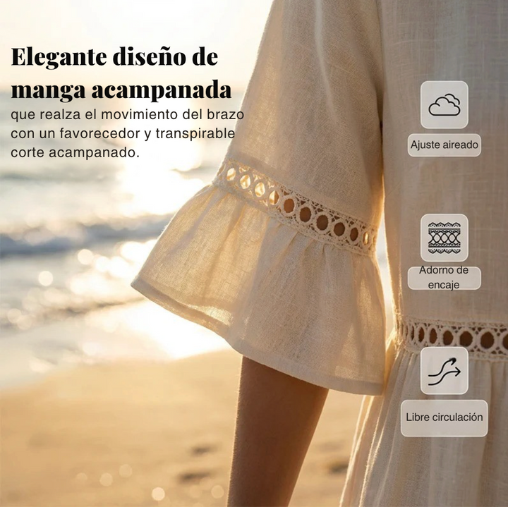 Pryline | Vestido midi de lino con encaje calado y mangas con volantes