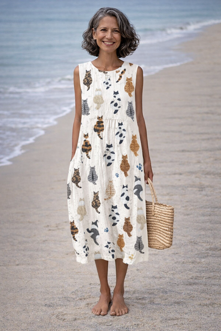 Alina | Vestido midi con estampado de gatos lindos