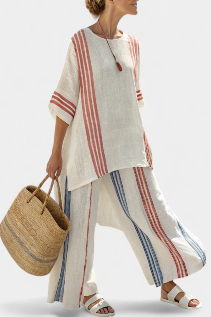 Ludovica – blusa de rayas multicolores sofisticada y pantalones mediterráneos