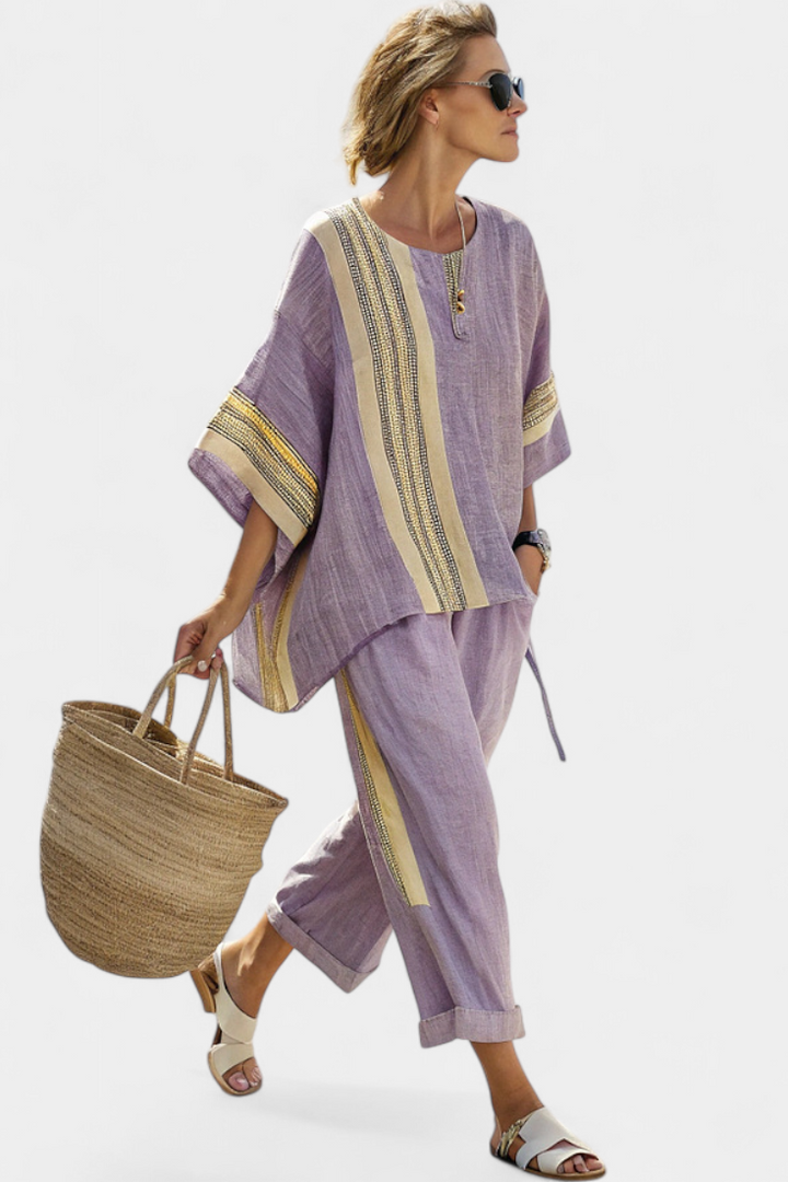 Élodie | Top Lavanda & Pantalón Rayado Mostaza
