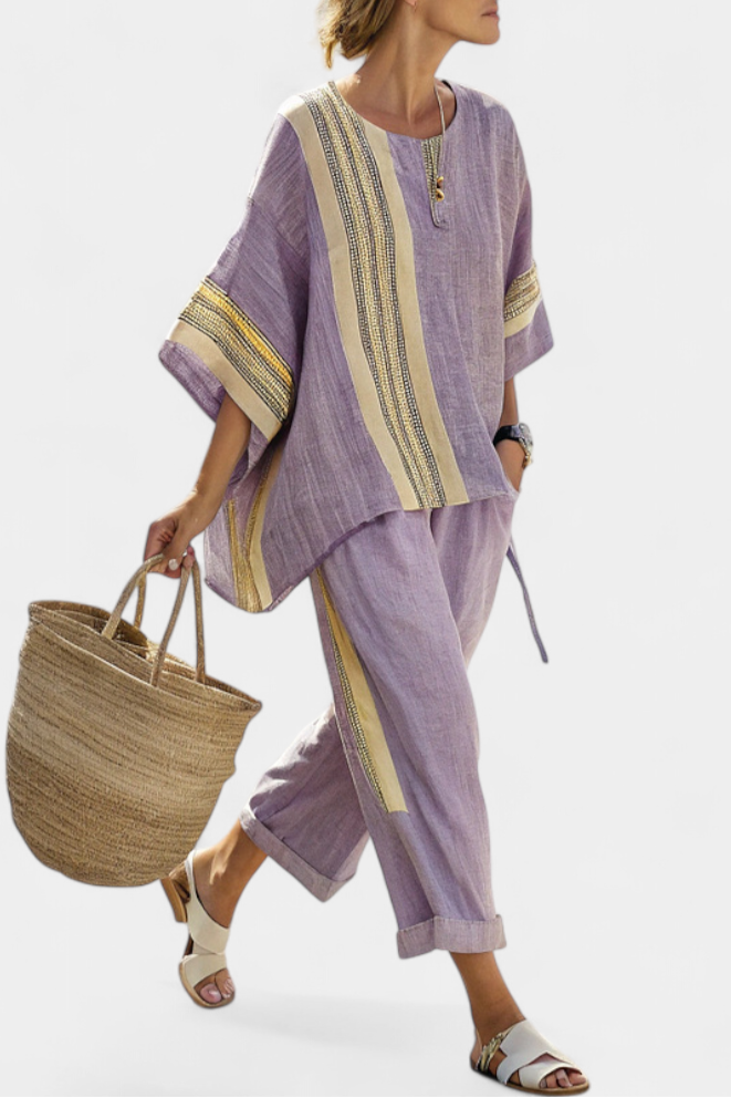 Élodie | Top Lavanda & Pantalón Rayado Mostaza