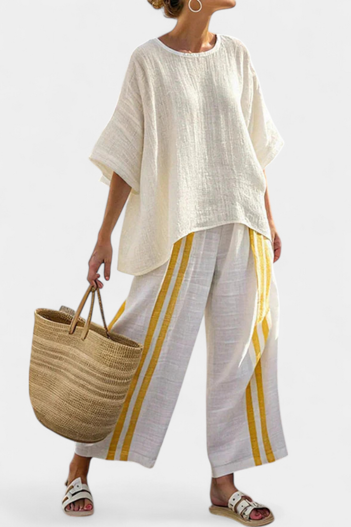 Arianna – top de lino a rayas amarillas elegante y pantalones de pierna ancha