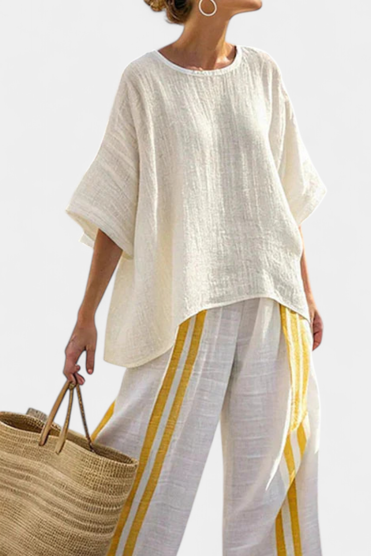 Arianna – top de lino a rayas amarillas elegante y pantalones de pierna ancha