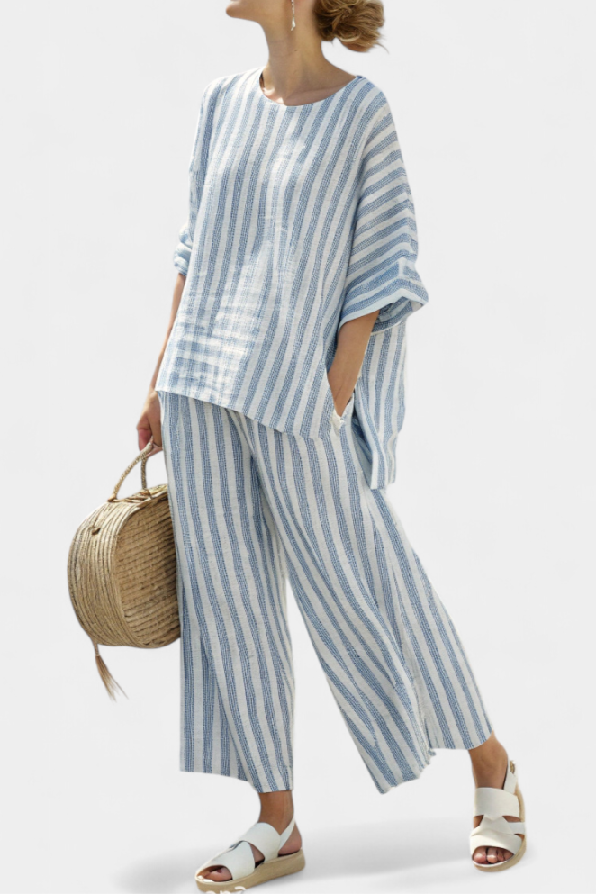 Rensleigh | Conjunto de Lino Rayado Azul