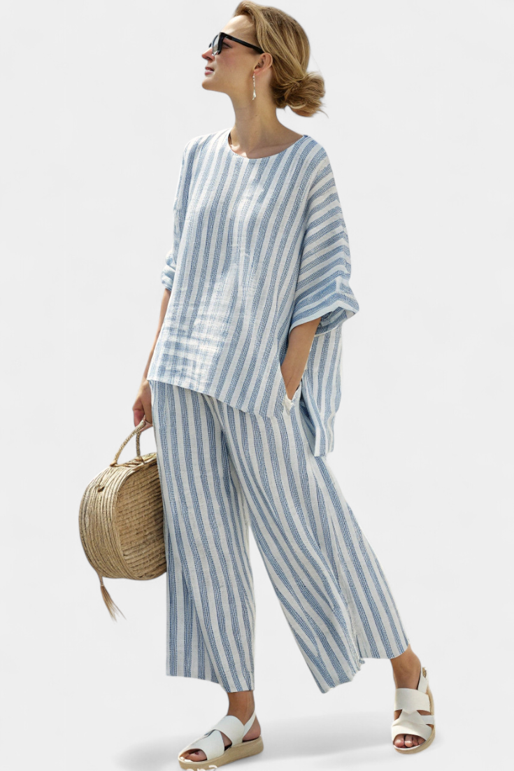 Rensleigh | Conjunto de Lino Rayado Azul