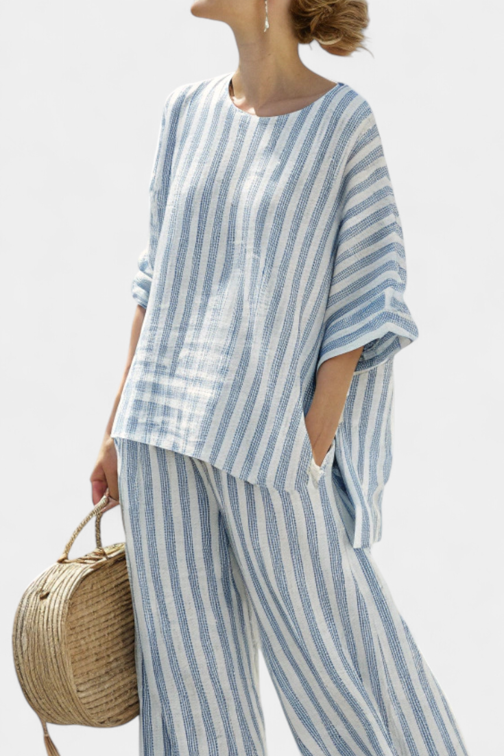 Rensleigh | Conjunto de Lino Rayado Azul