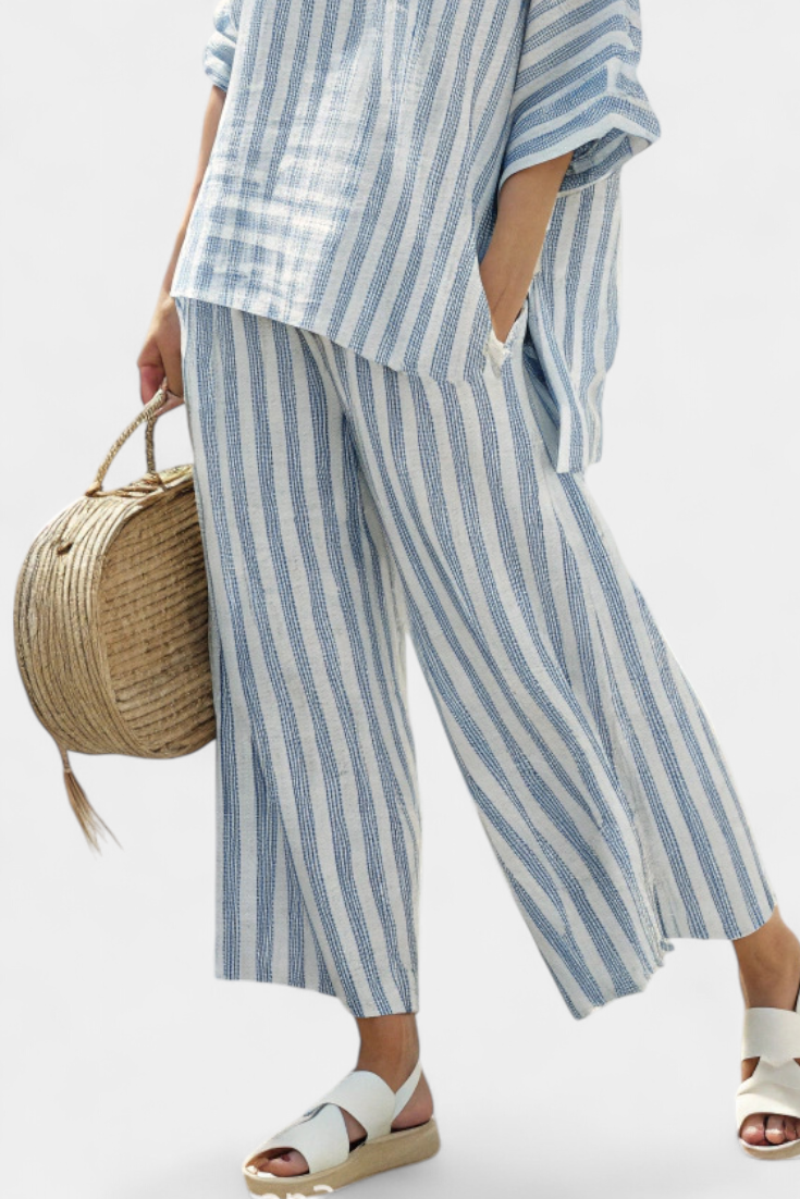 Rensleigh | Conjunto de Lino Rayado Azul