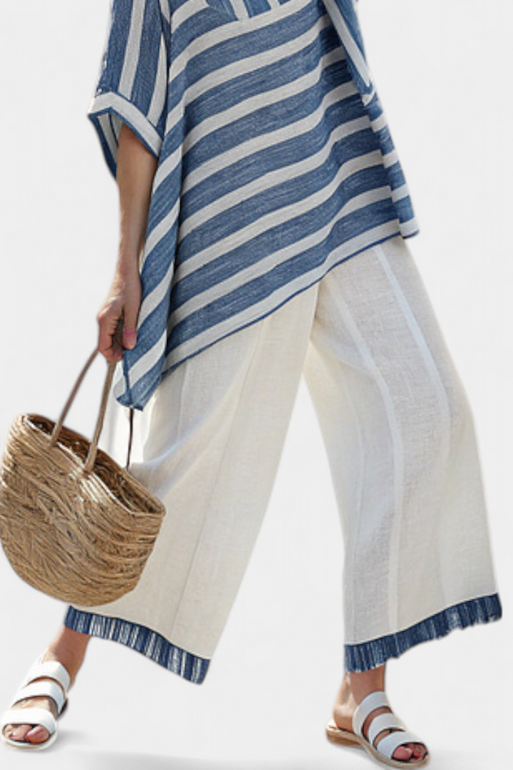 Élise | Top Rayado Azul & Pantalón Detalle dobladillo