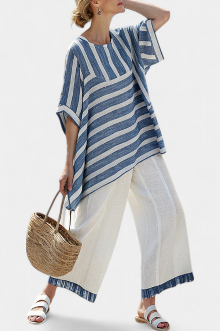 Élise | Top Rayado Azul & Pantalón Detalle dobladillo