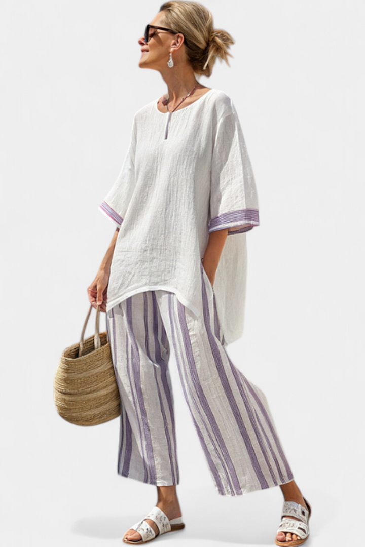 Allegra – blusa cómoda y pantalones a rayas de bambú
