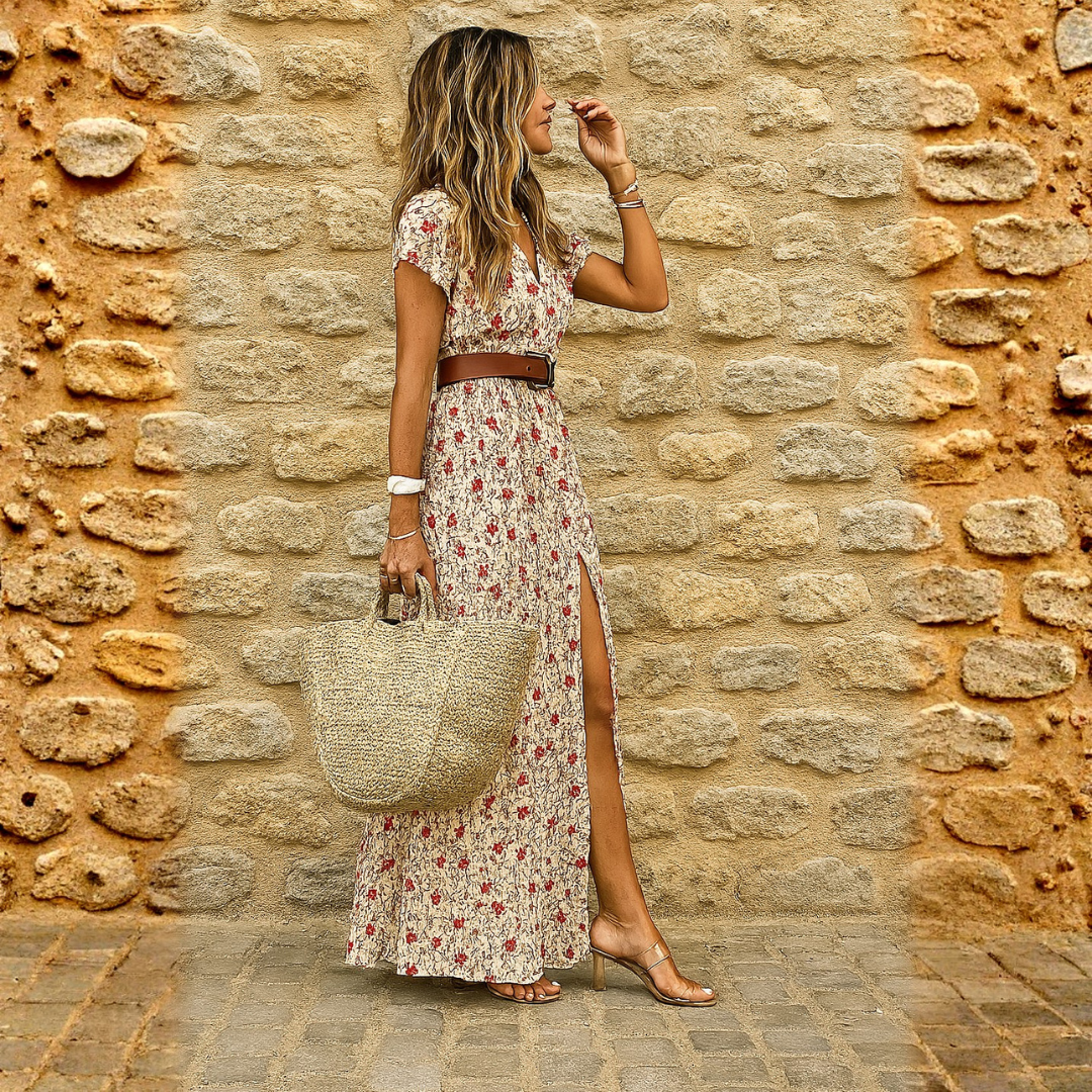 Joselin | Long, Flowy Bohemian Dress with Belt
