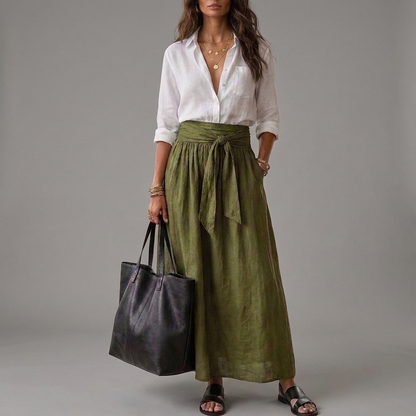 Sahara | Two-Piece Set: Black Top and Olive Green Midi Skirt