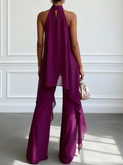 Purple Halter Sleeveless Elegant Top With Trousers Two-Piece Set
