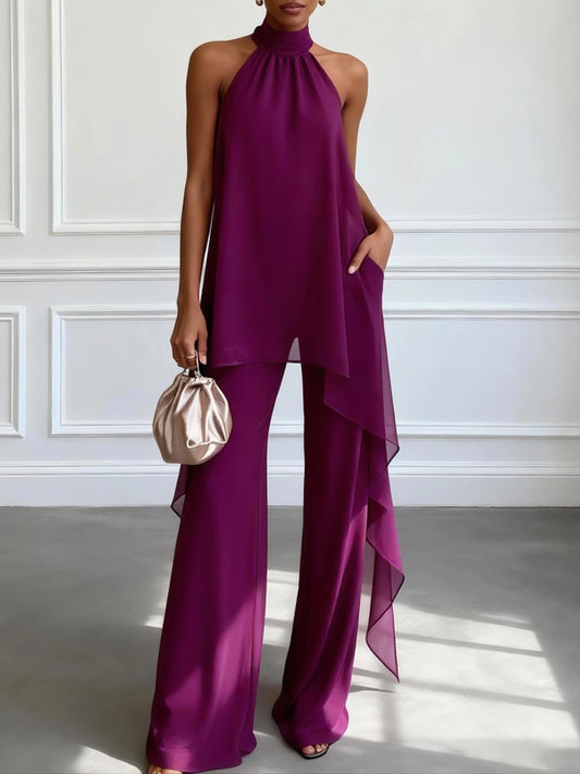 Purple Halter Sleeveless Elegant Top With Trousers Two-Piece Set