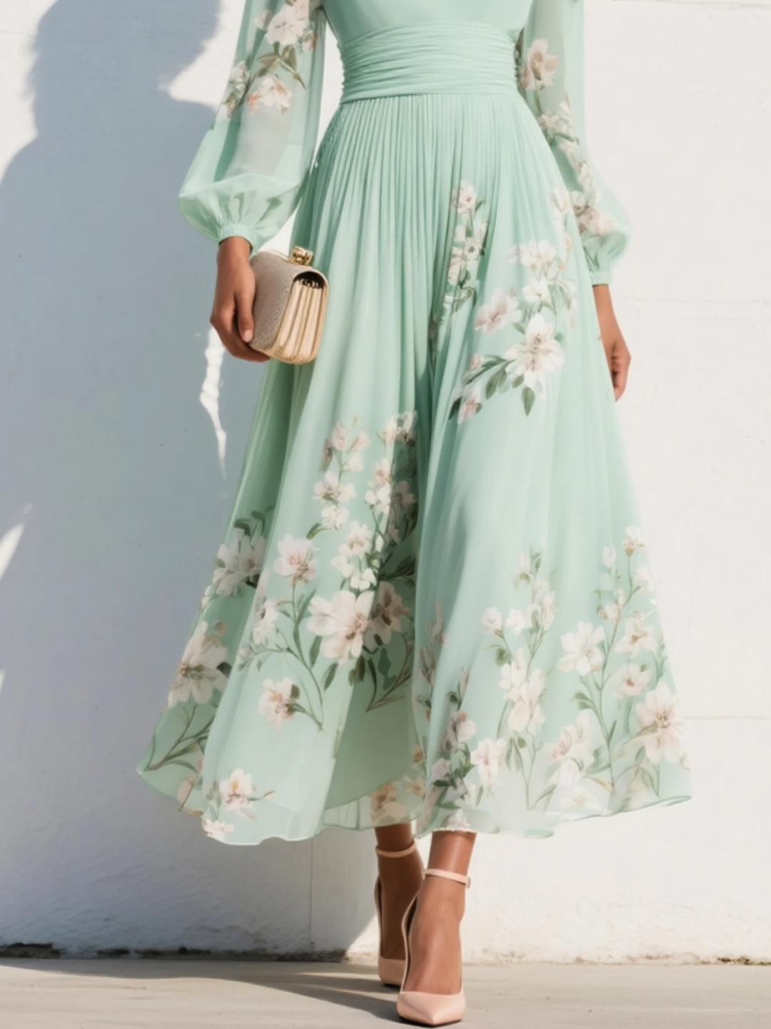 Vestido midi verde claro de gasa con escote en V y flores