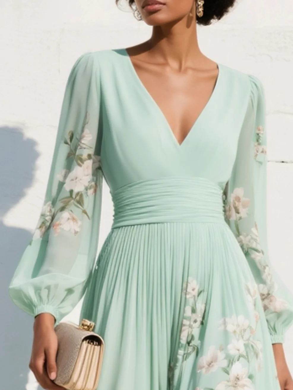 Vestido midi verde claro de gasa con escote en V y flores