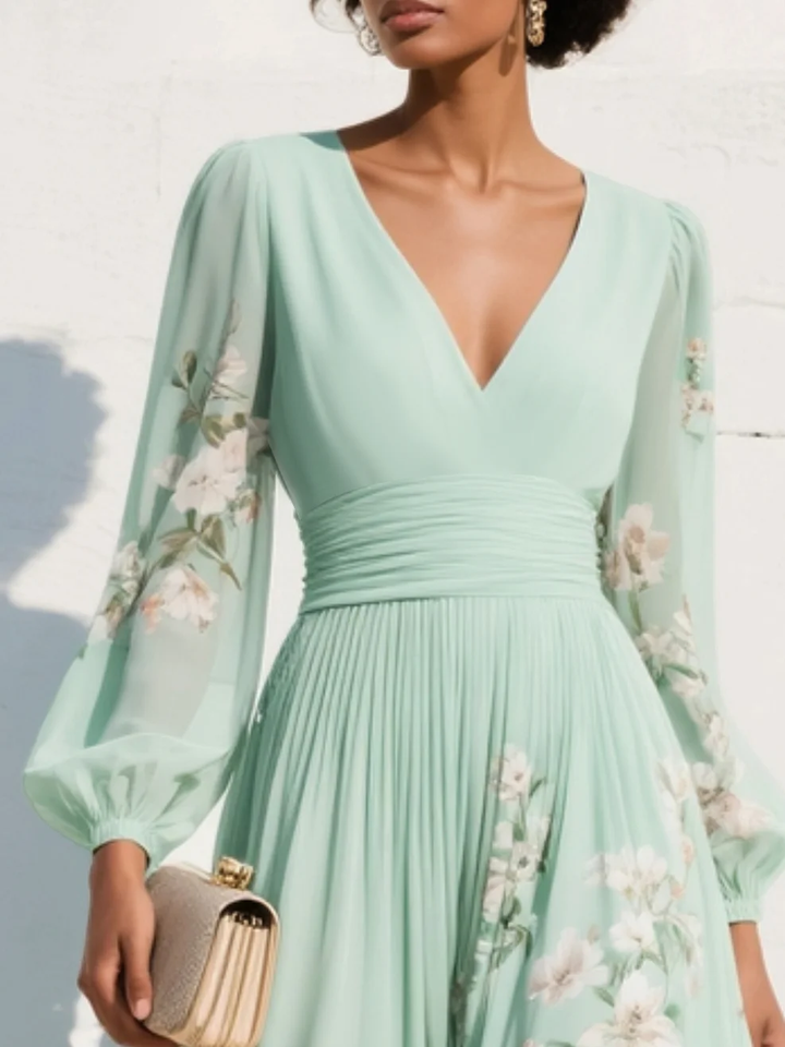 Vestido midi verde claro de gasa con escote en V y flores