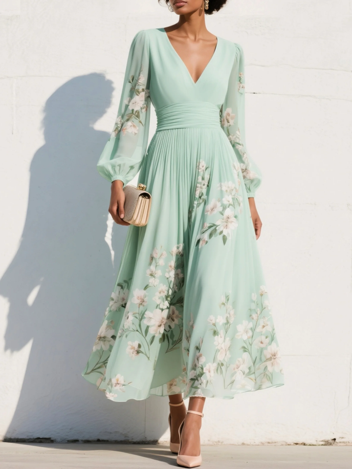 Vestido midi verde claro de gasa con escote en V y flores