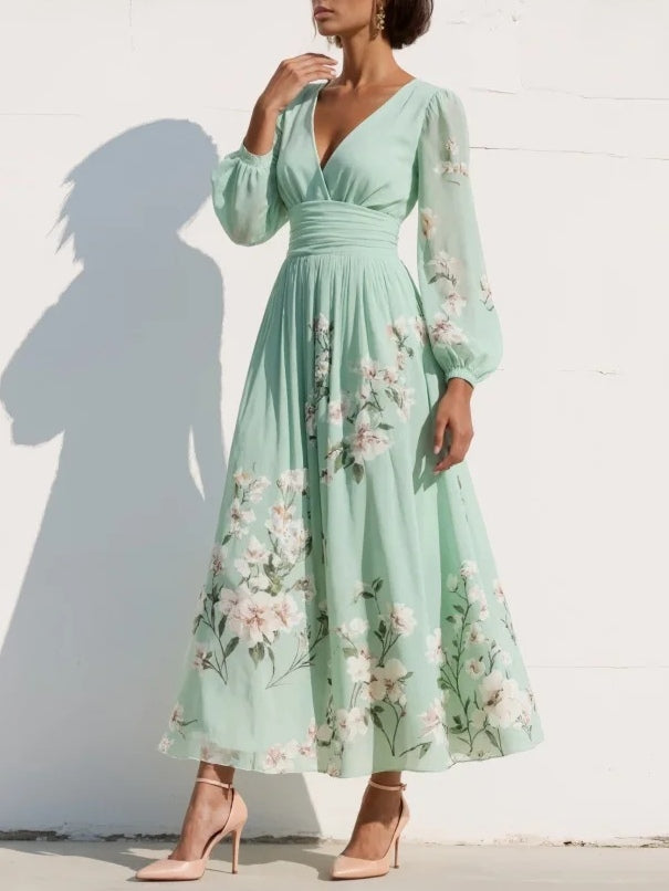 Vestido midi verde claro de gasa con escote en V y flores
