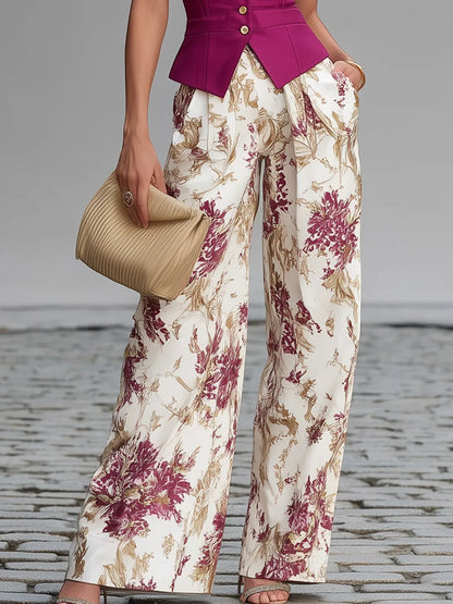 Rose Pink Sleeveless Vest and Floral Printed Wide-leg Trousers Set