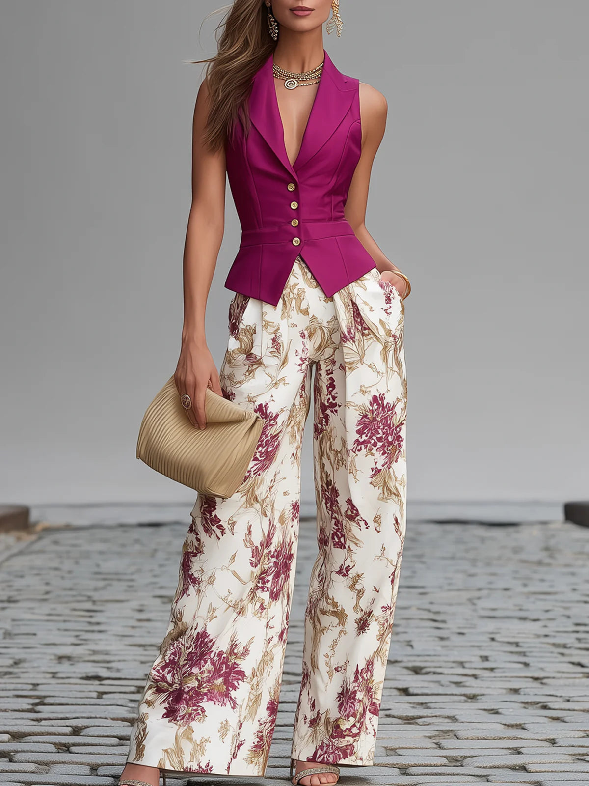 Rose Pink Sleeveless Vest and Floral Printed Wide-leg Trousers Set
