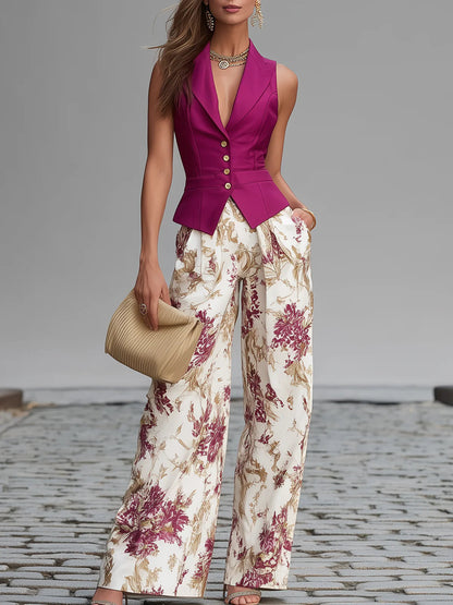 Rose Pink Sleeveless Vest and Floral Printed Wide-leg Trousers Set
