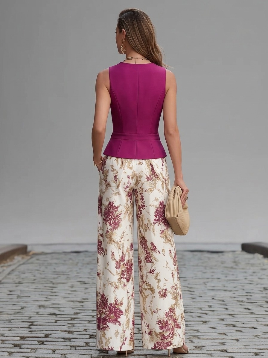 Rose Pink Sleeveless Vest and Floral Printed Wide-leg Trousers Set