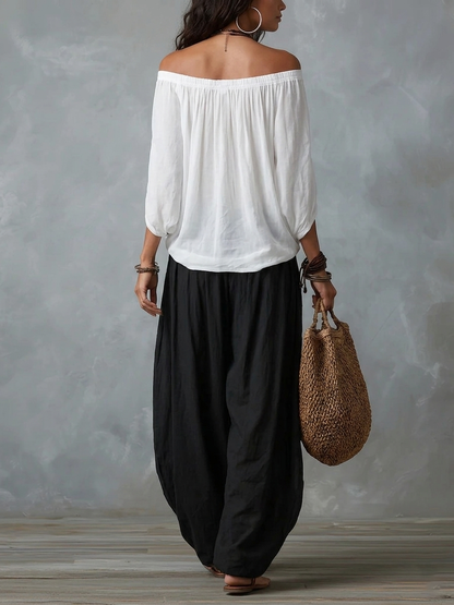 White Off-the-Shoulder Top and Loose-Fitting Lantern Pants Set