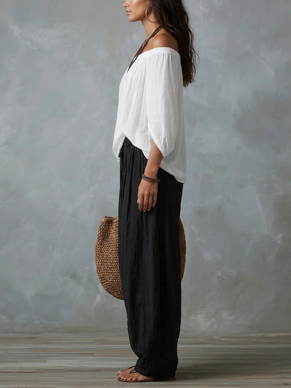 White Off-the-Shoulder Top and Loose-Fitting Lantern Pants Set