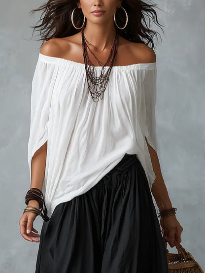 White Off-the-Shoulder Top and Loose-Fitting Lantern Pants Set