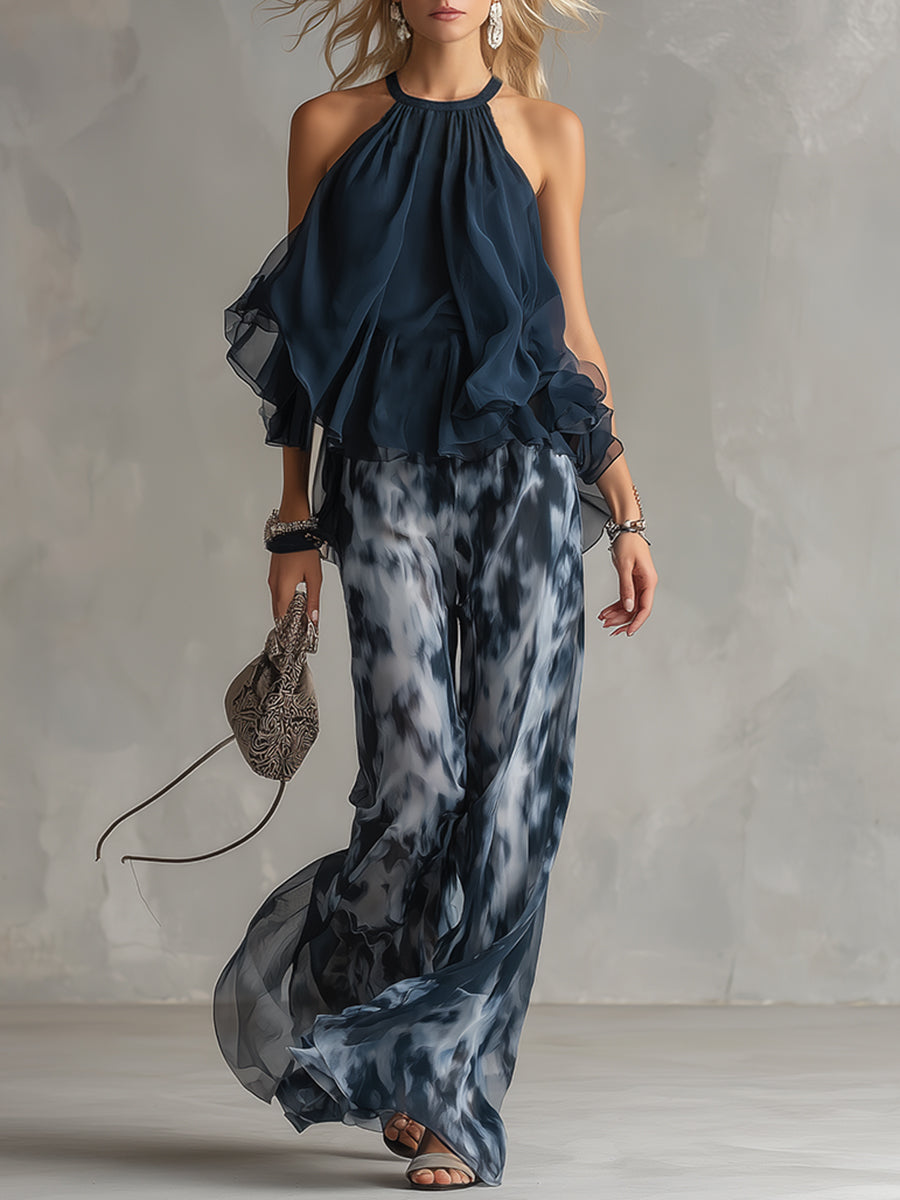 Ludovica – Conjunto elegante de gasa con top de cuello alto y pantalones anchos estampados