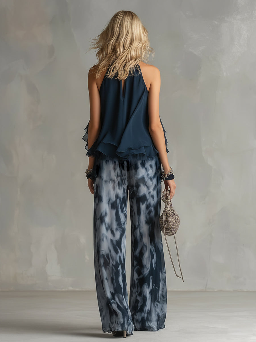 Ludovica – Conjunto elegante de gasa con top de cuello alto y pantalones anchos estampados
