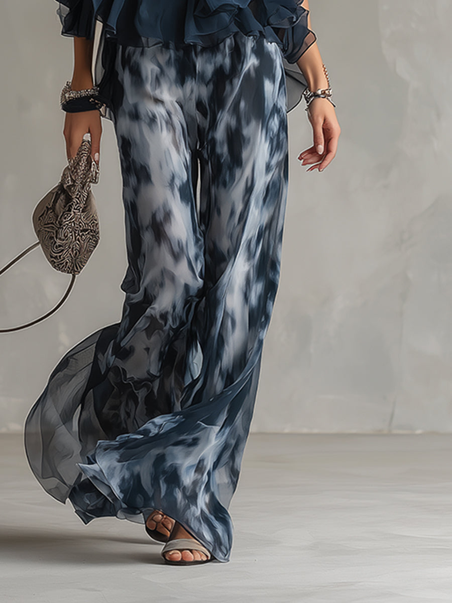 Ludovica – Conjunto elegante de gasa con top de cuello alto y pantalones anchos estampados