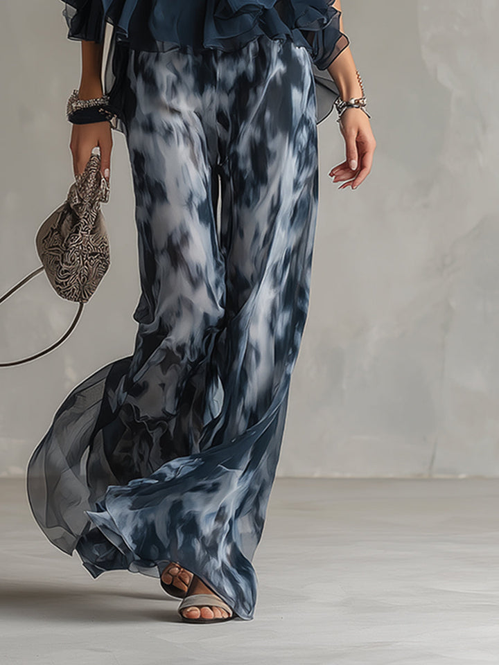 Ludovica – Conjunto elegante de gasa con top de cuello alto y pantalones anchos estampados