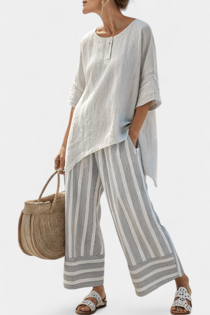 Amélie | Blusa Asimétrica & Pantalón Rayado