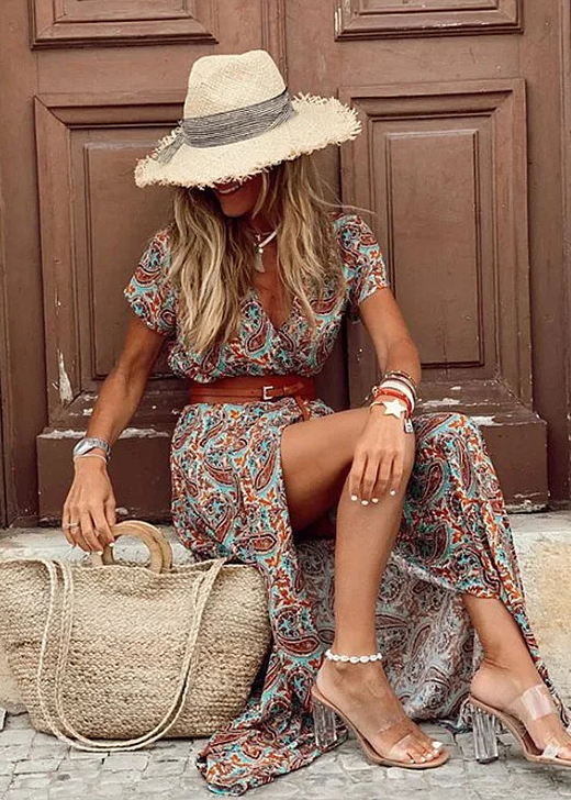Joselin | Long, Flowy Bohemian Dress with Belt