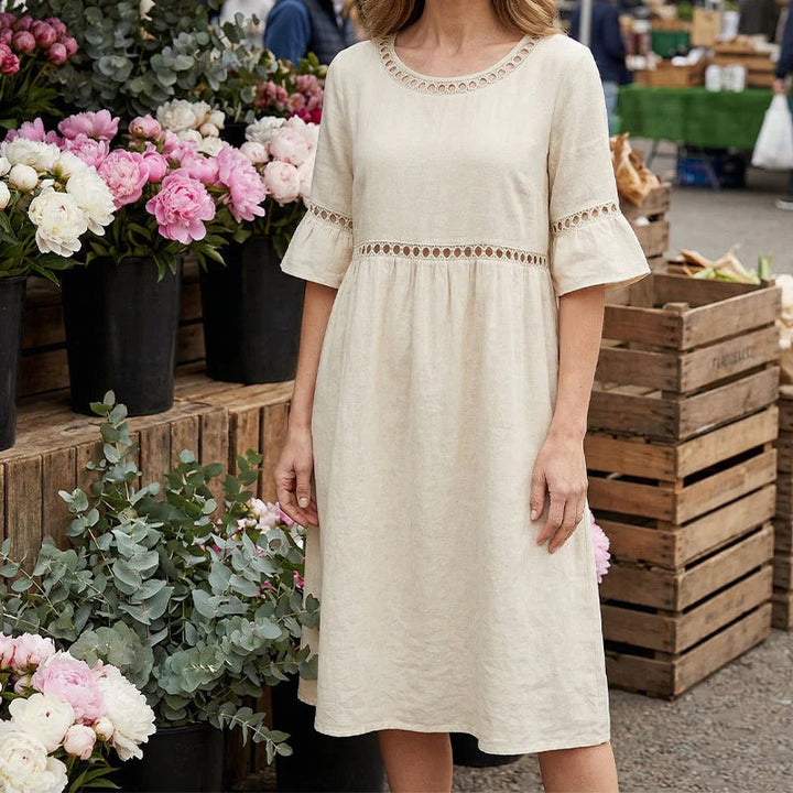 Pryline | Vestido midi de lino con encaje calado y mangas con volantes
