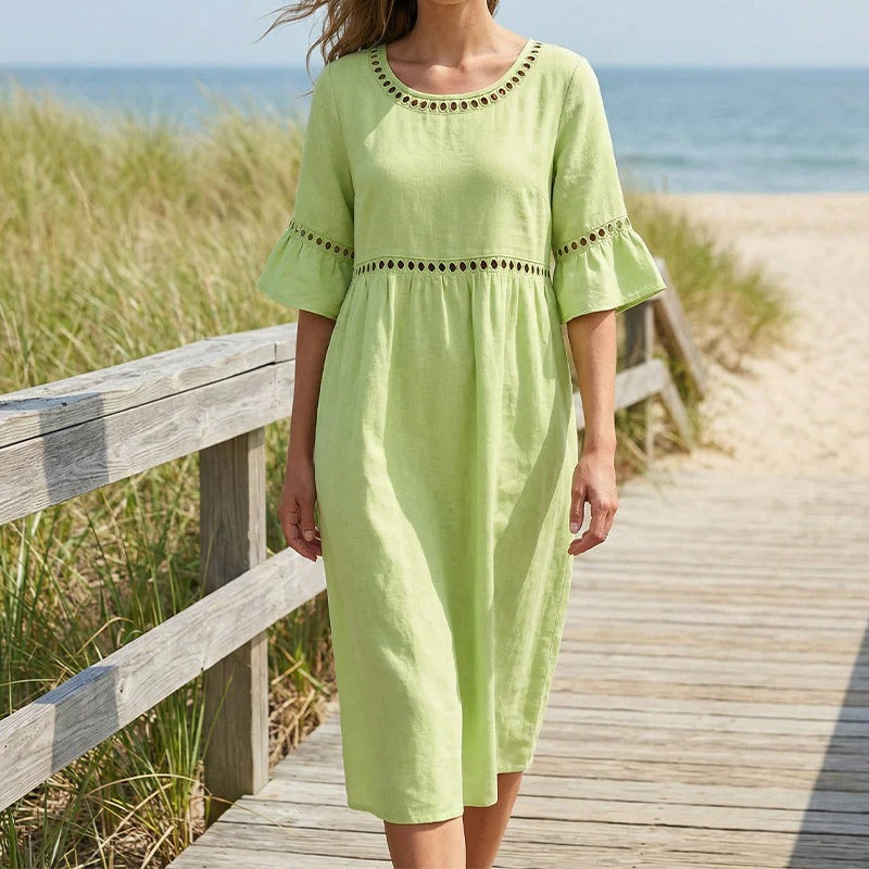 Pryline | Vestido midi de lino con encaje calado y mangas con volantes